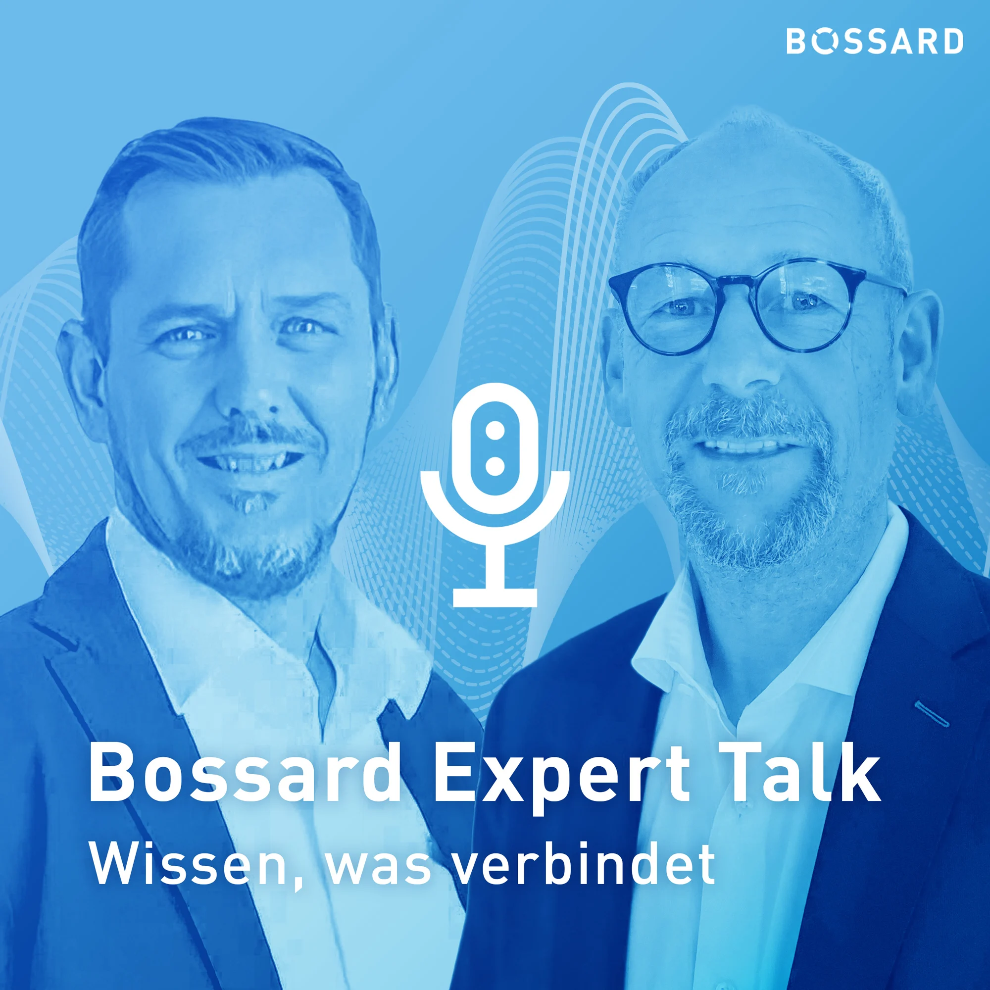 Portraits von Florian Lange und Norbert Forstinger, vor blauem Verlaufshintergrund mit weißem Mikrofon Icon im Zentrum, Bossard Expert Talk Schriftzug im Vordergrund