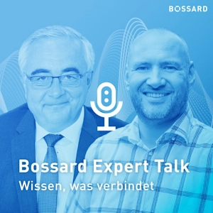 Bossard Expert Talk Podcast-Cover mit Experten Peter Böckermann und Sascha Ahmetovic vor blauem Hintergrund
