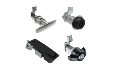 四種不同類型的Southco凸輪和壓縮鎖扣在白色背景上