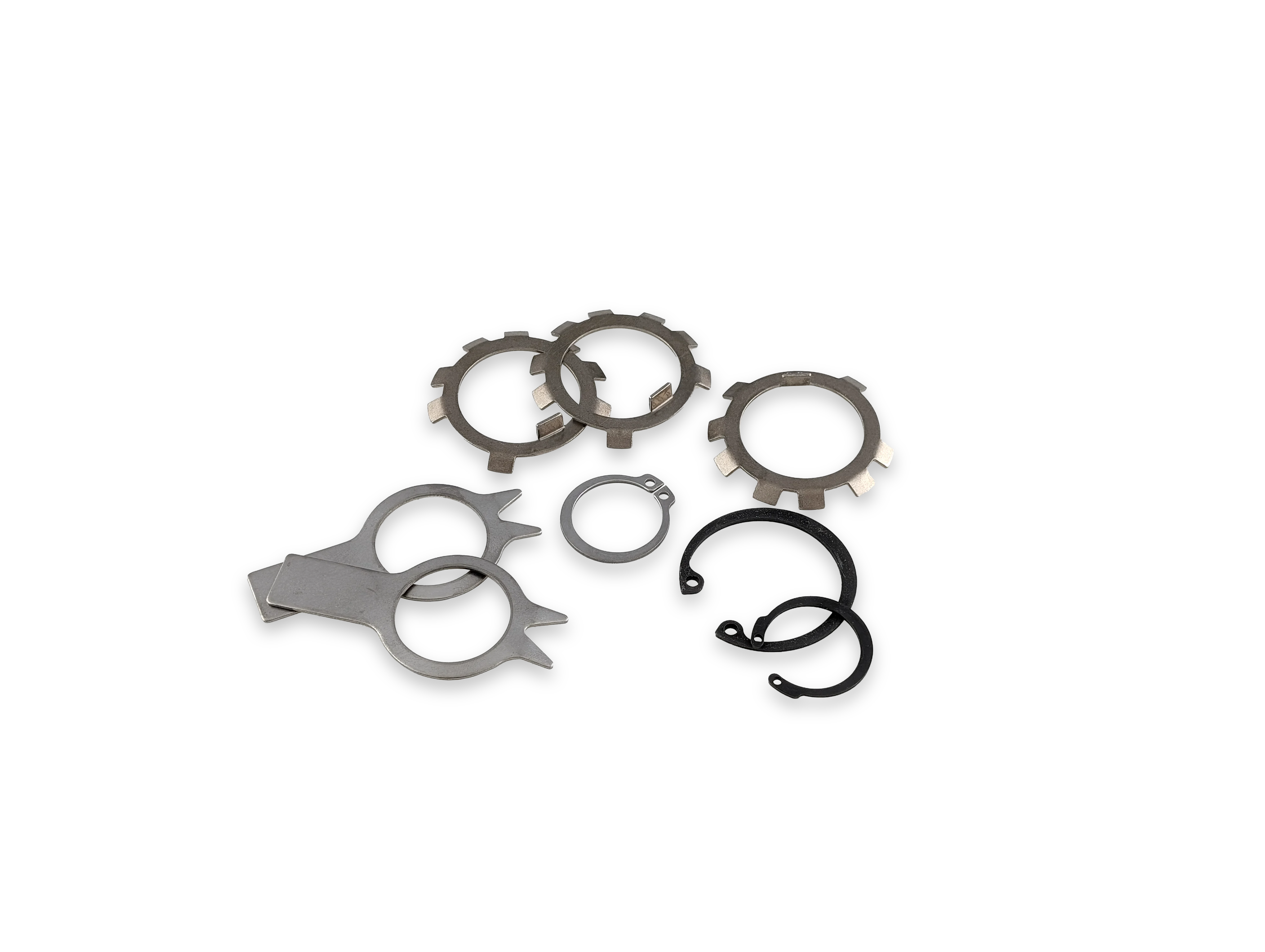 A collection of aerospace securing elements on a transparent background, emphasizing their industrial design.