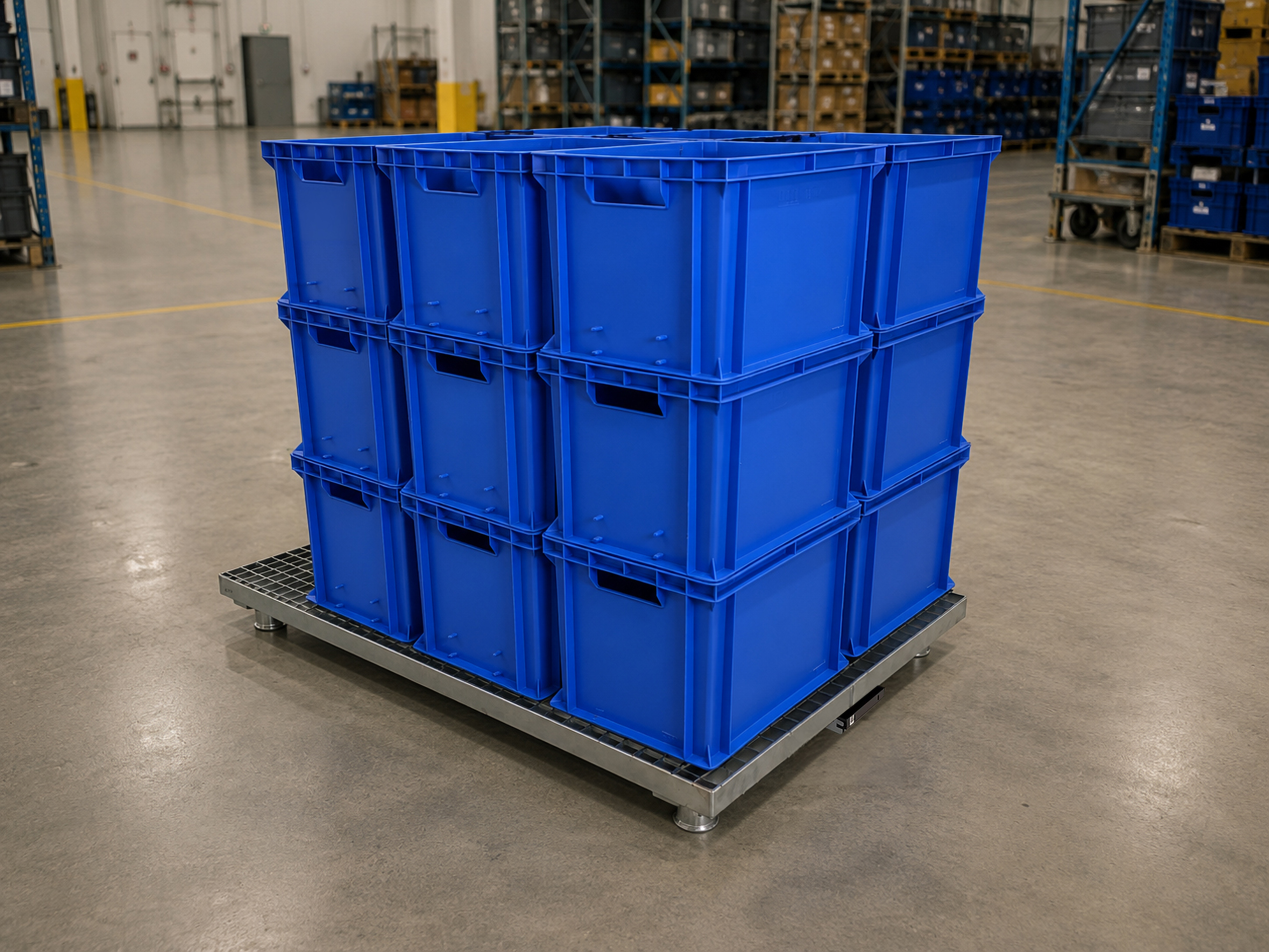 Grands SmartBins bleus de taille XXL dans un environnement d'entrepôt.