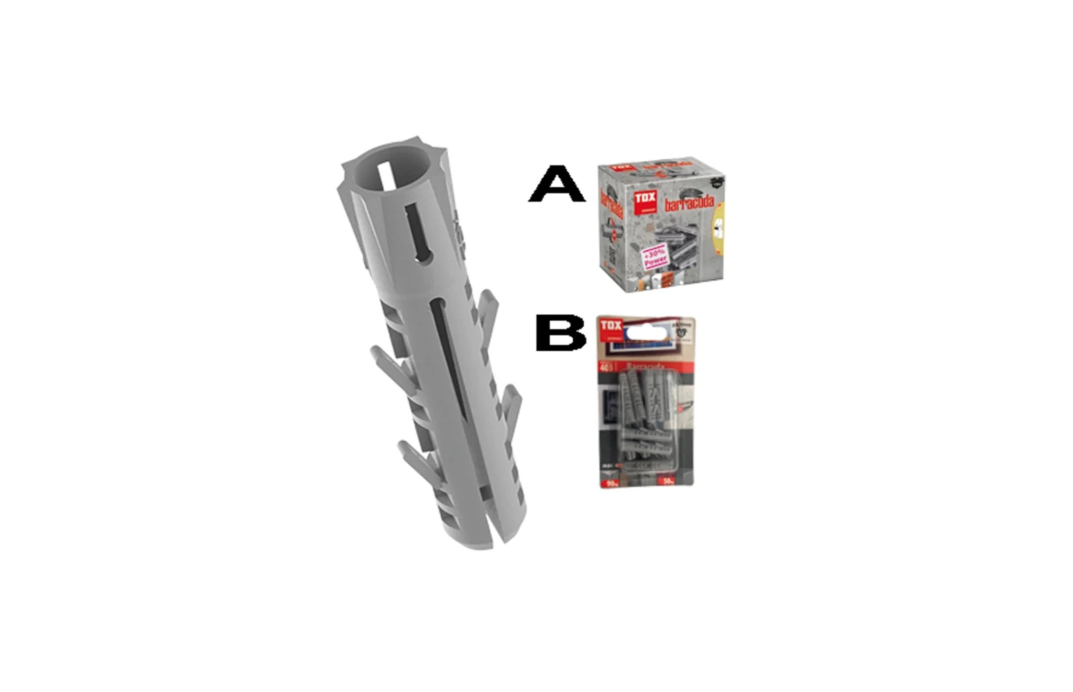 Grauer Spreizdübel auf weissem Hintergrund, der die Form und Farbe des Objekts hervorhebt.