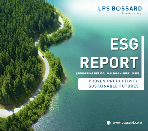 Aerial view of a winding road through a forest by a lake, with text overlay: "ESG Report, Proven Productivity, Sustainable Futures."