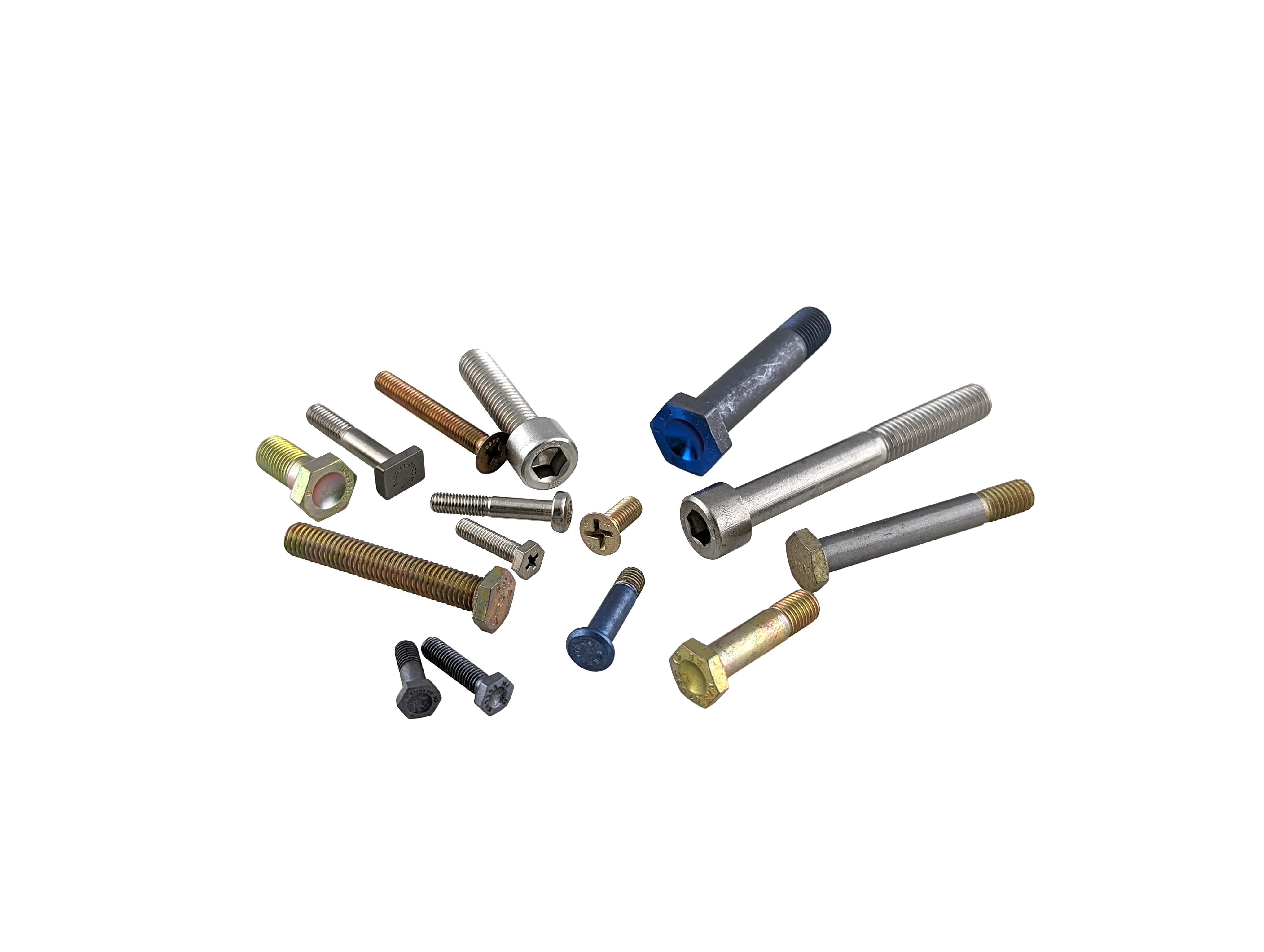 A collection of different types of aerospace screws made of different materials displayed on a transparent background, emphasizing their industrial design.
