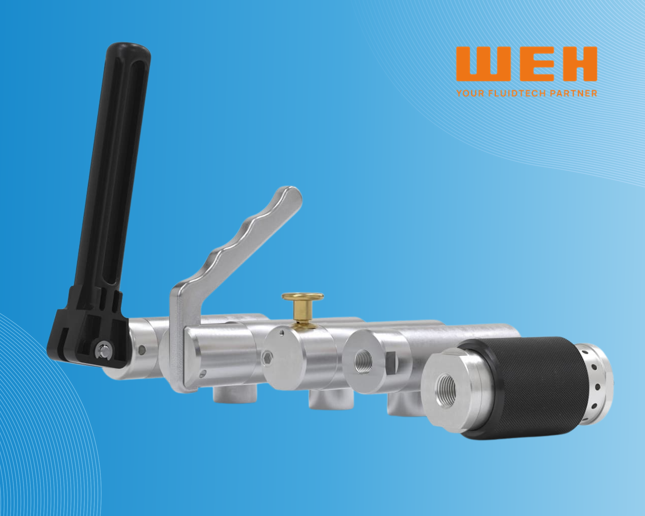 Mehrere WEH® Gasadapter in verschiedenen Ausführungen auf blauem Hintergrund, mit WEH® Logo.