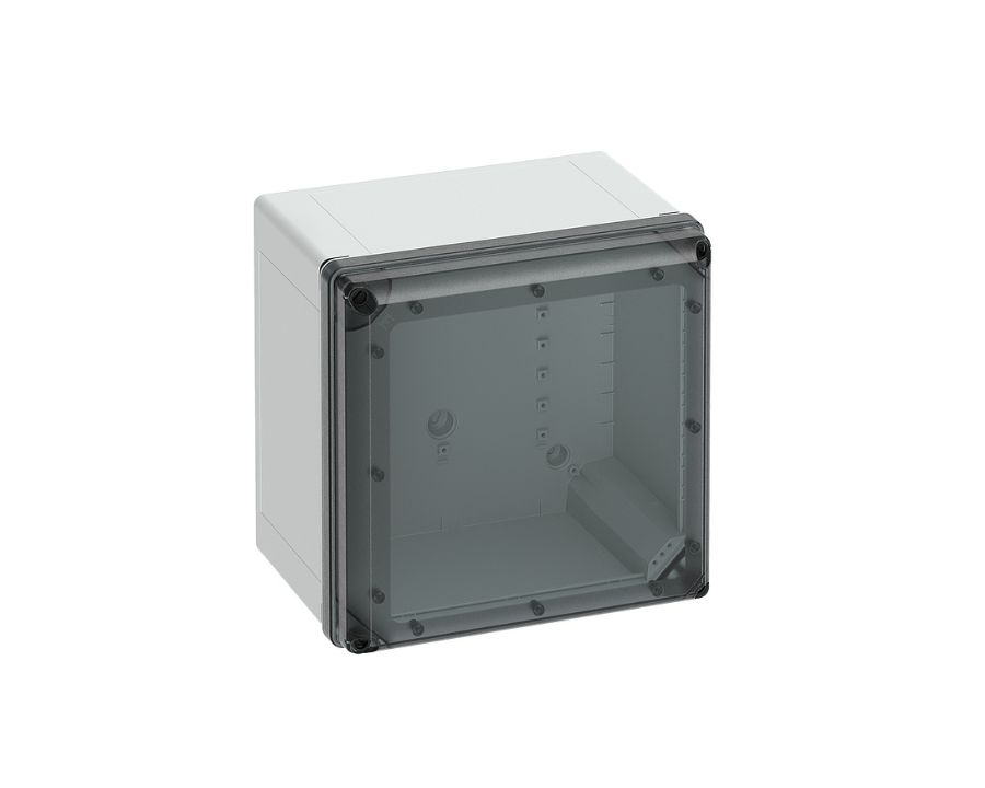 Un contenitore industriale Spelsberg serie GEOS con coperchio trasparente su sfondo bianco.