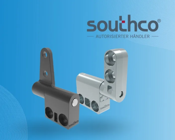 Drei Southco-Positionierscharniere in Schwarz, Silber und Grau auf blauem Hintergrund