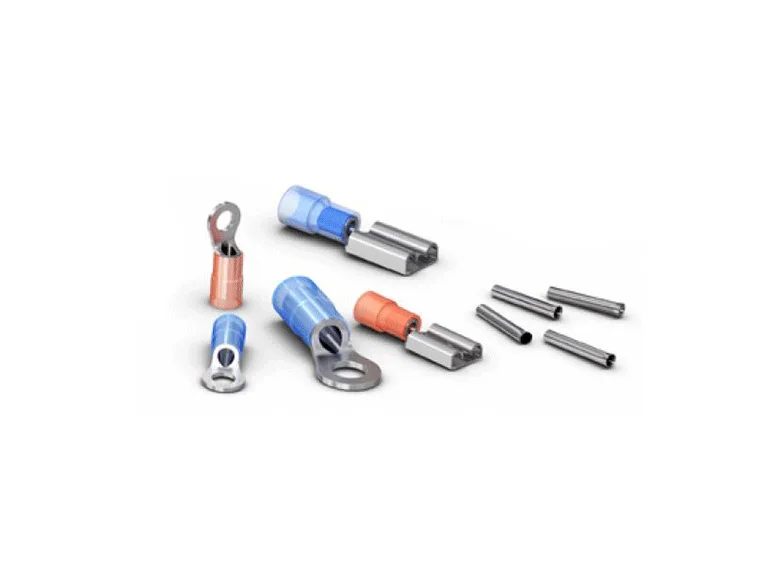 Ein Satz elektrischer Kontakte in Blau und Rot auf weißem Hintergrund.