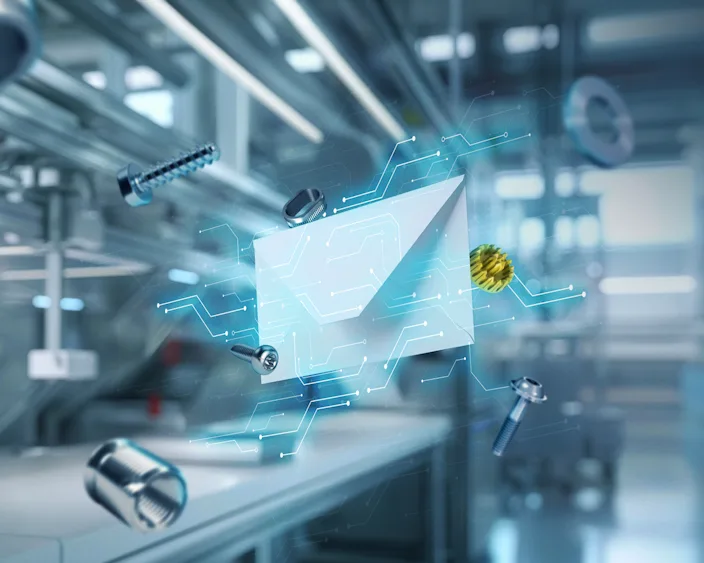 Digitaler Briefumschlag umgeben von Befestigungselementen und Schaltkreisen in einer modernen Industrieumgebung