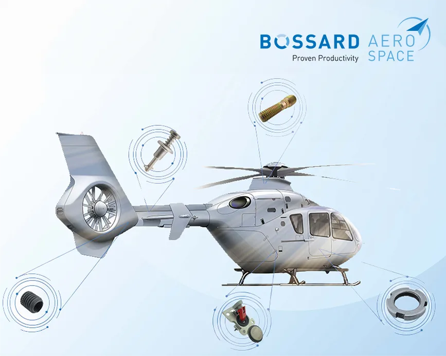 Bossard Aerospace logo presented, accompanied by a selection of helicopter fasteners below.