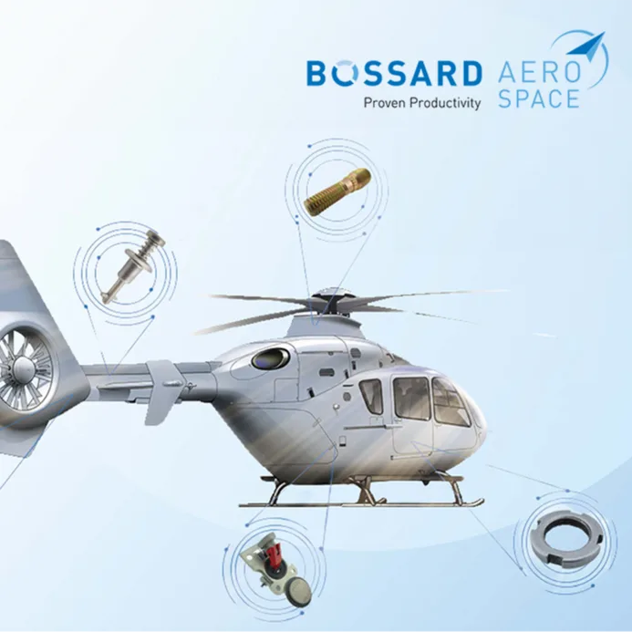 Bossard Aerospace logo presented, accompanied by a selection of helicopter fasteners below.