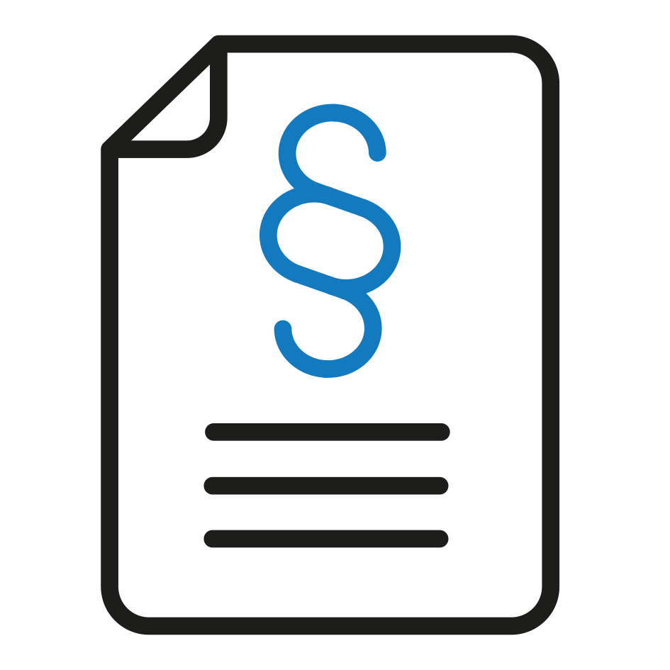 Rechtsdokument-Symbol mit blauem Absatzzeichen und schwarzen Textzeilen auf weißem Hintergrund