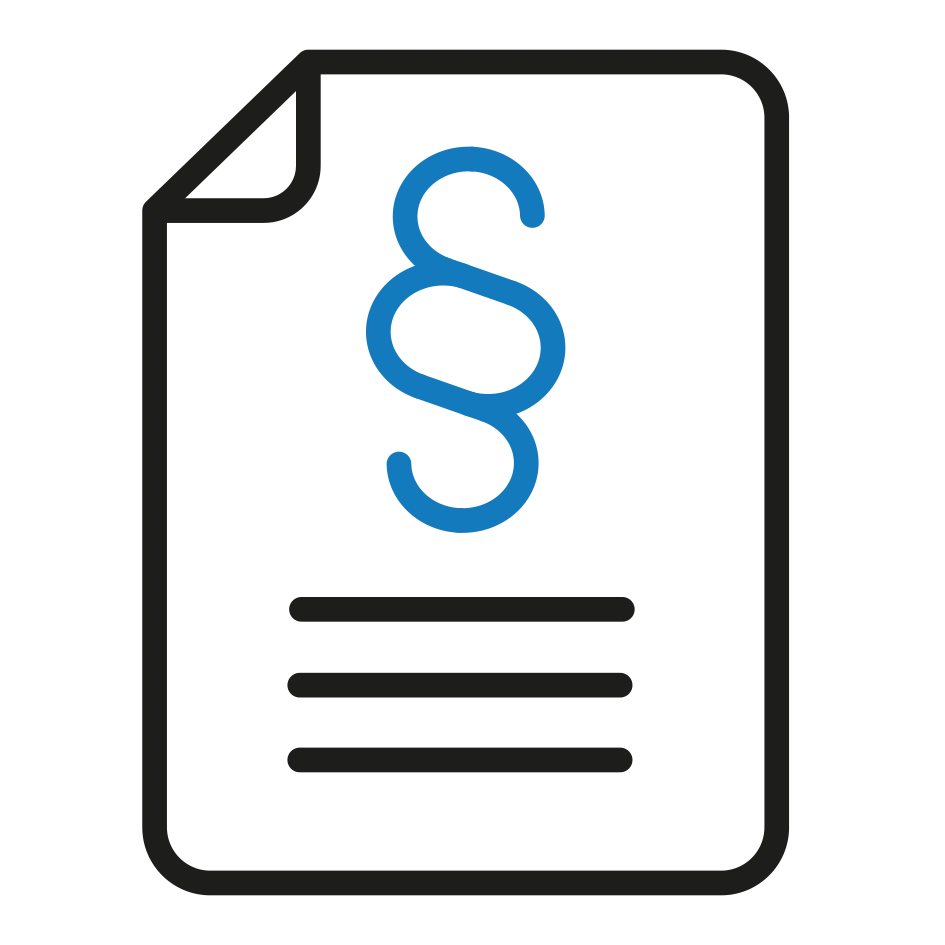 Ikona právního dokumentu s modrým symbolem odstavce a černými textovými řádky na bílém pozadí