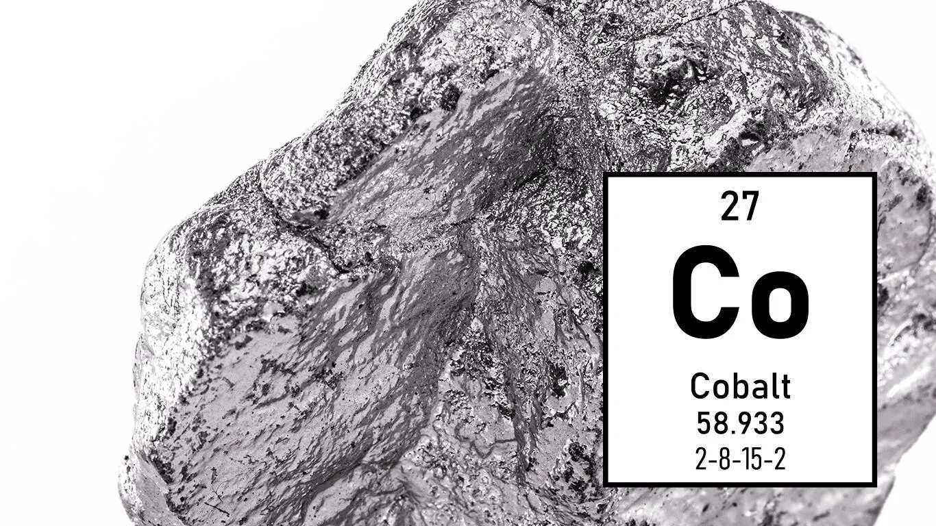 Elemental cobalt: silvery-gray, hard, brittle metal used in spectral analysis.