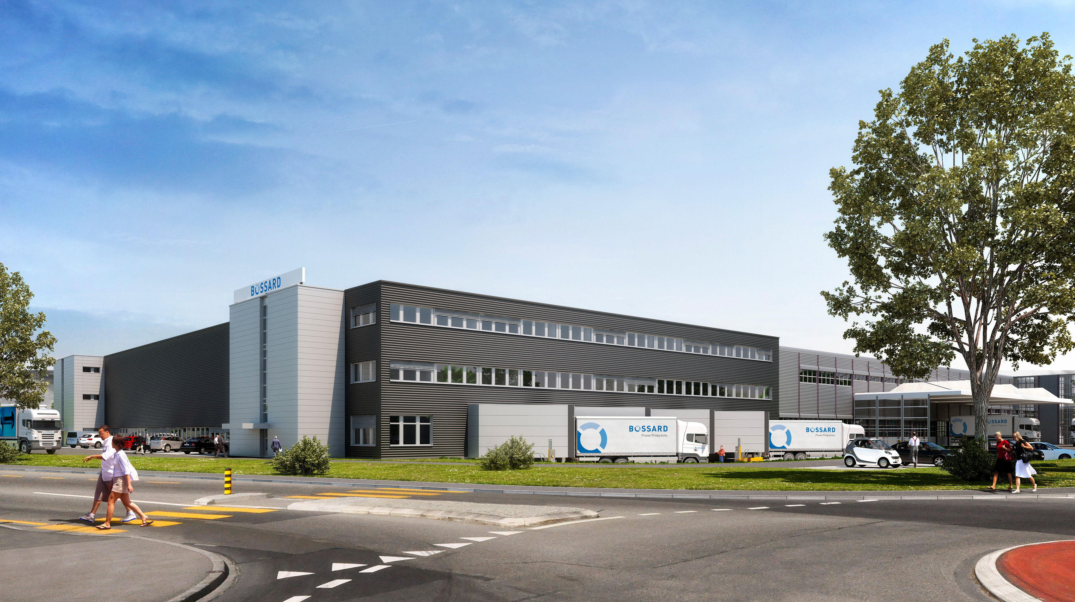 Modern industrial building with "Bossard" signage, trucks parked outside, people walking on a crosswalk, and a large tree nearby.