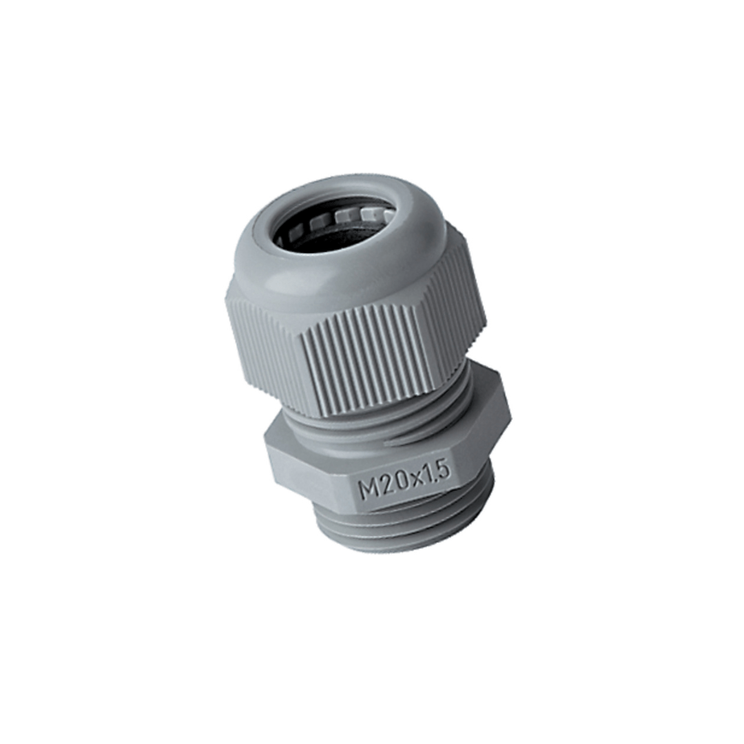 Gray plastic cable gland with threaded body and ribbed cap, marked "M20x1.5," on a white background.