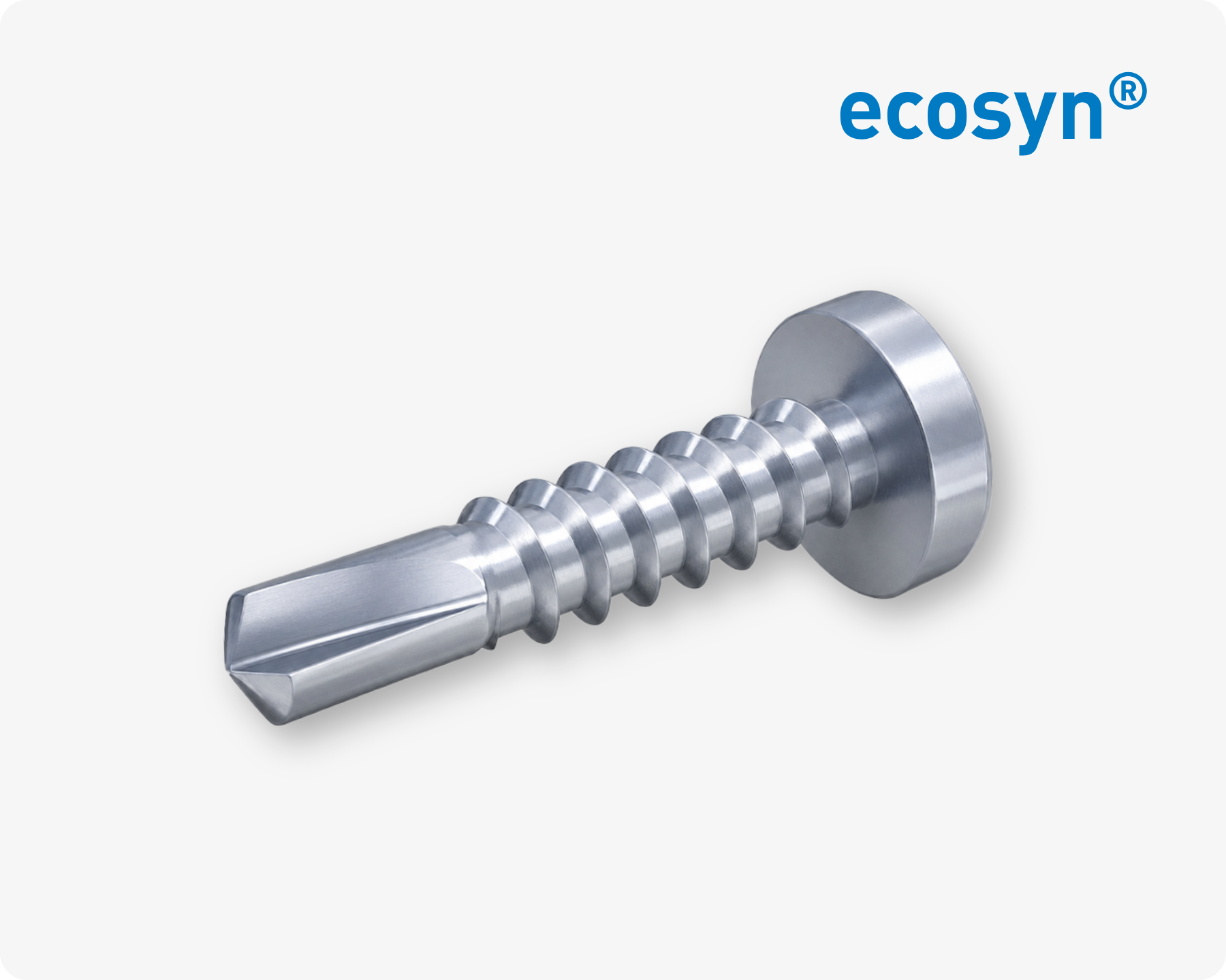 A silver ecosyn drill self-cutting screw for metal on light grey background with the blue ecosyn logo in the top right corner.