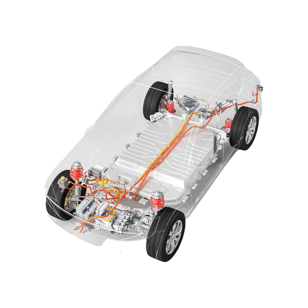 Transparent car model showing internal components, including battery, wiring, and suspension, with visible wheels and chassis.