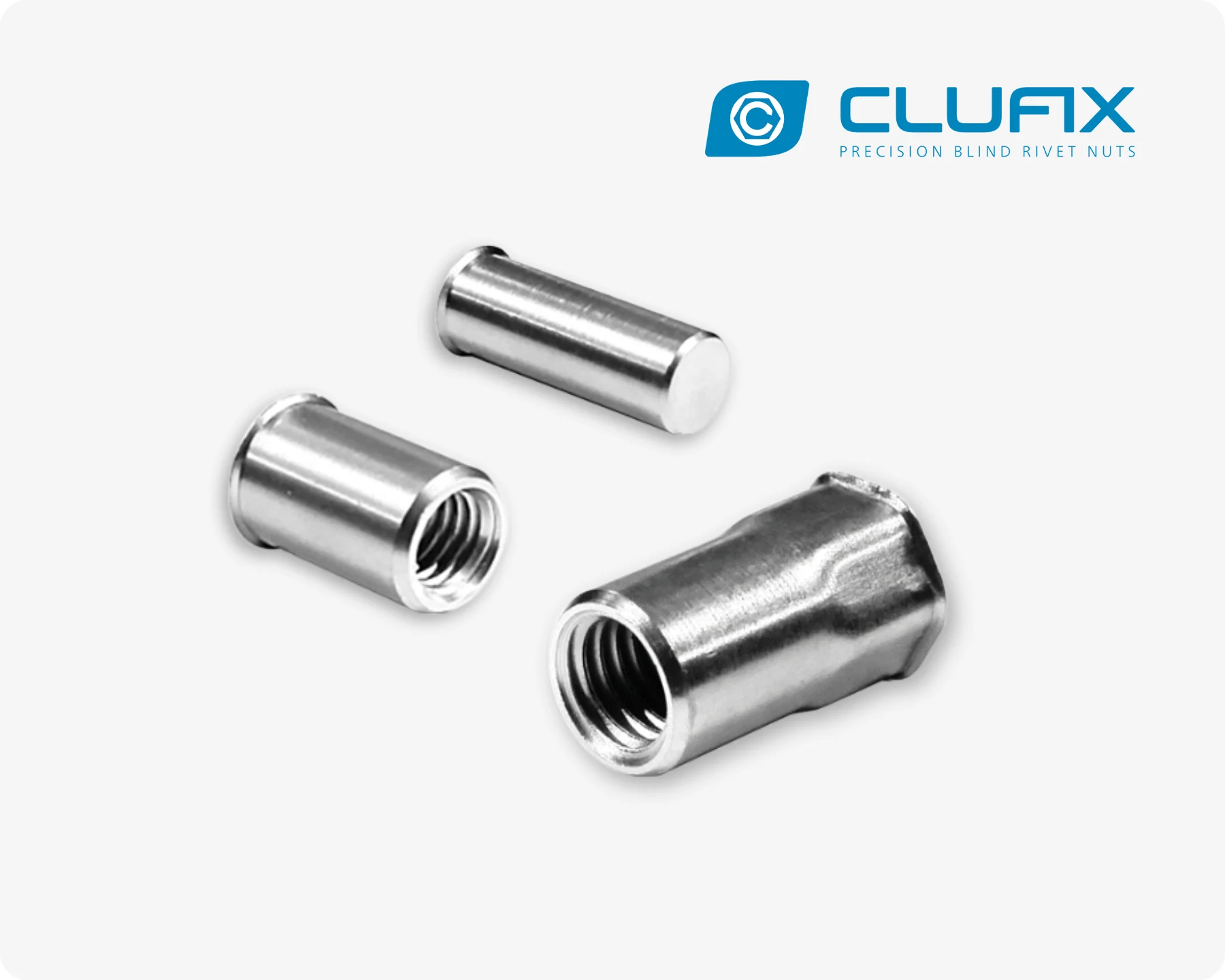 Three different Clufix blind rivet nuts on light grey background, including closed-end and open end blind rivet nuts.