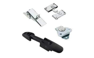 不同類型的Southco拉扣在白色背景上，包括黑色塑膠拉扣和金屬拉扣。