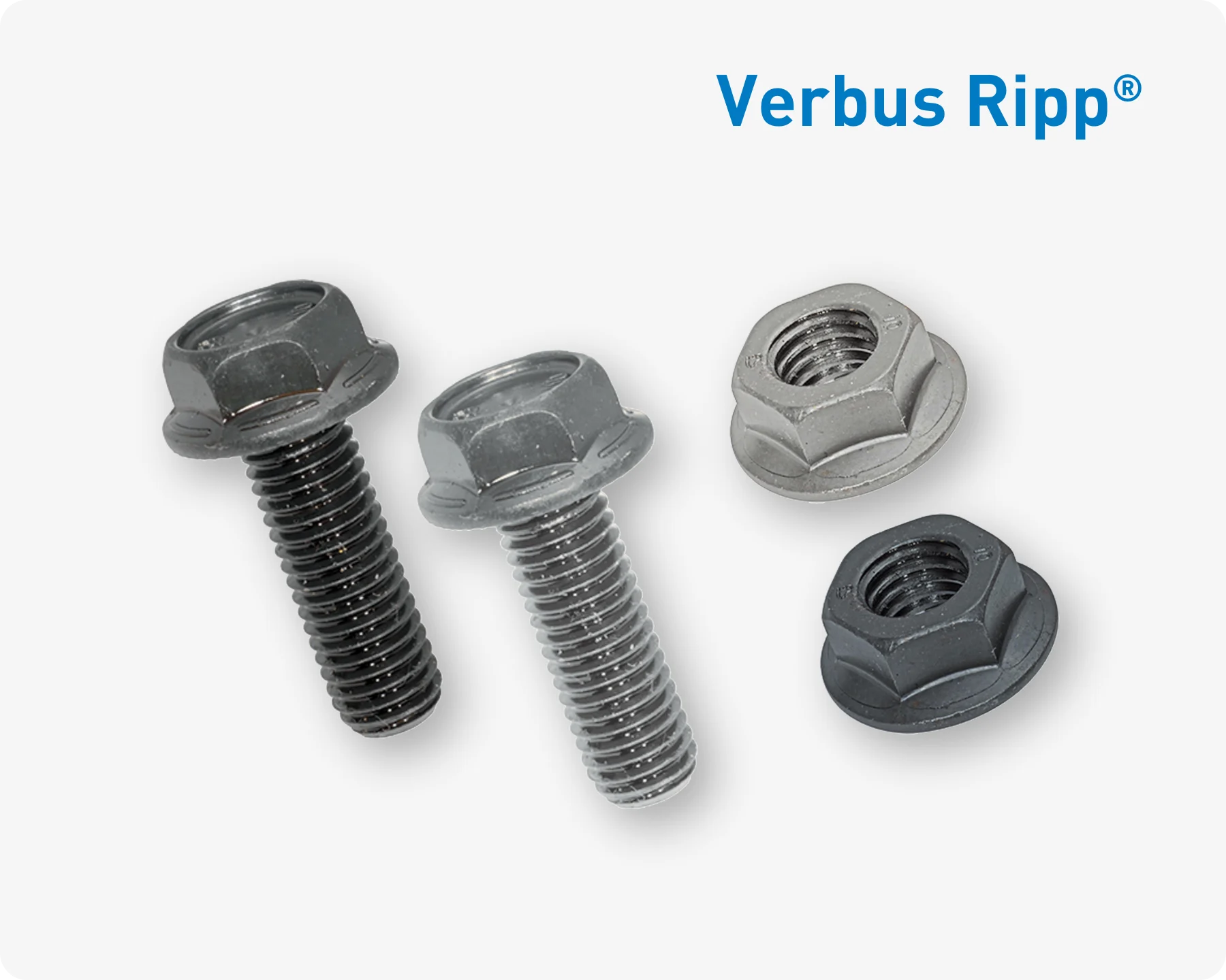 Quatre vis et écrous Verbus Ripp différents avec des nervures de verrouillage spéciales pour des connexions haute résistance sur des surfaces sensibles.
