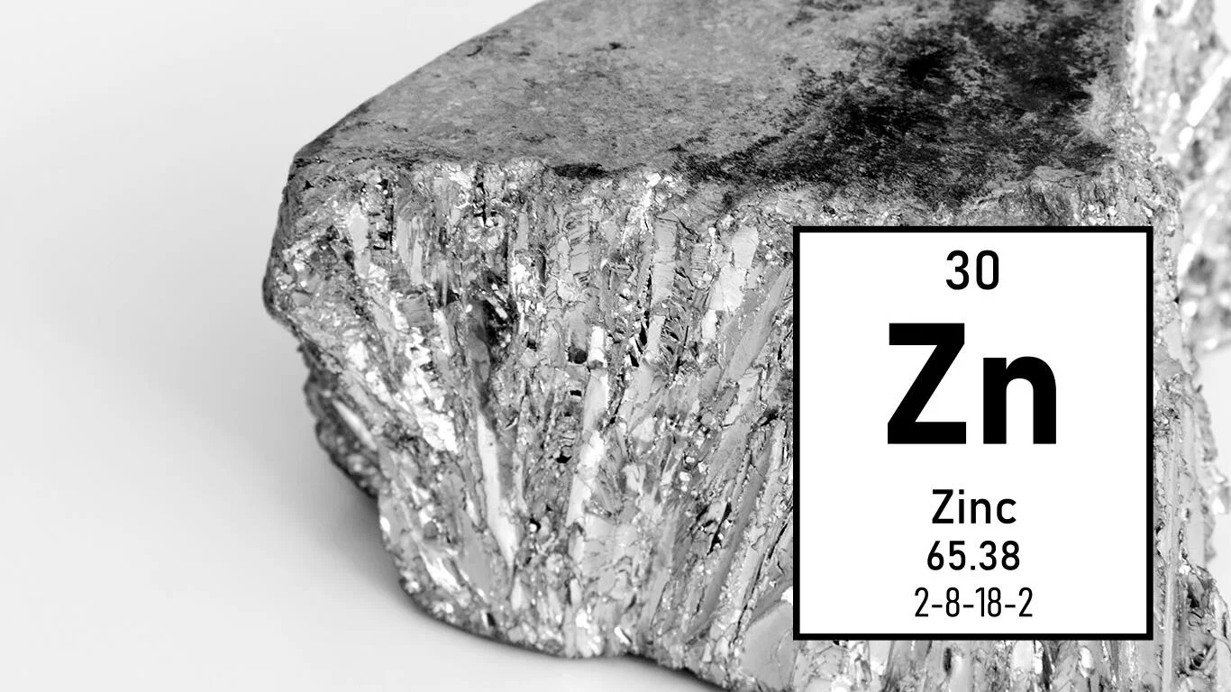 Elemental zinc with data from the periodic table. Image used for spectral analysis.