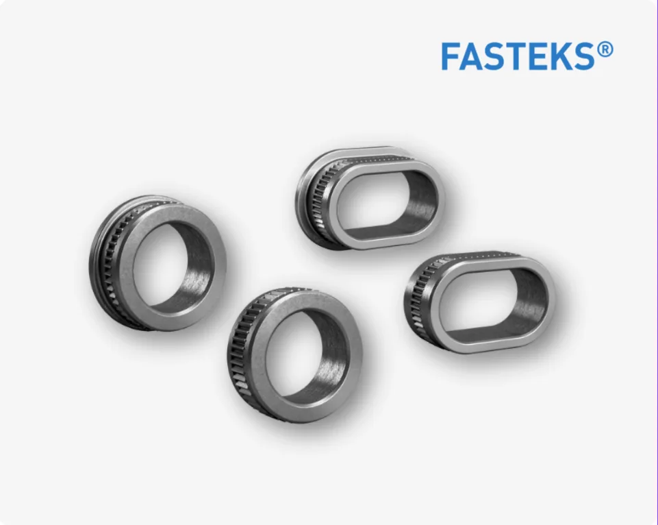 Four different types of FASTEKS compression limiters in oval and round shapes with and without head on a light grey background with the FASTEKS logo.