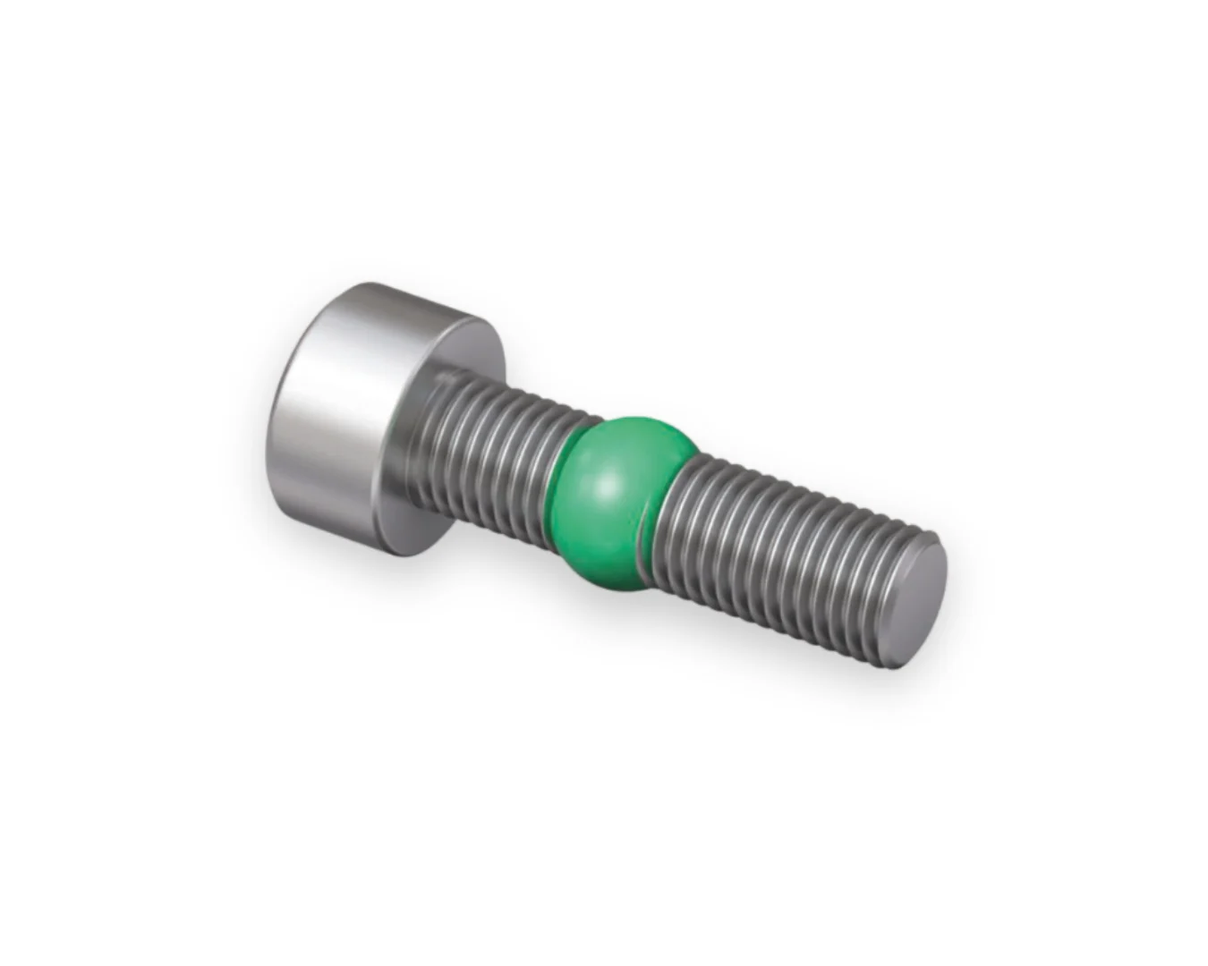 Metal bolt with threaded shaft and cylindrical head, featuring a bright green Nystay coating around the middle section.