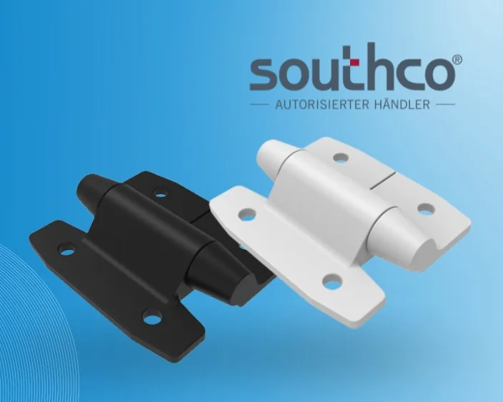 Southco Kunststoffscharniere in Schwarz und Weiß auf blauem Hintergrund