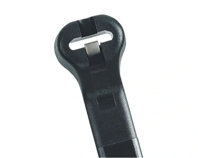 kabelstrips med spærretand i rustfrit stål sort med hvid baggrund