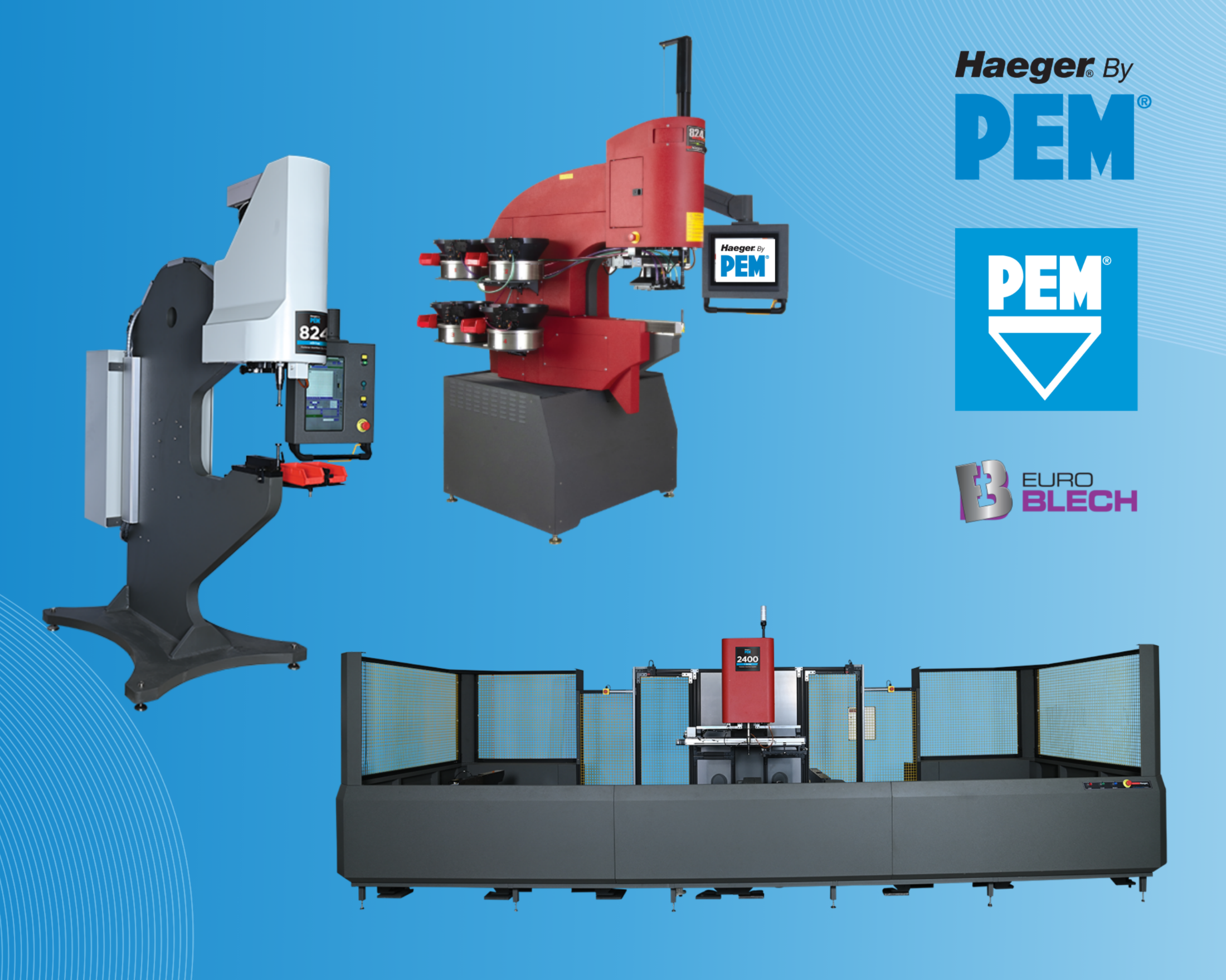 Drei Haeger® by PEM® Einpressmaschinen auf blauem Hintergrund, darunter eine automatisierte Anlage, mit Haeger®-, PEM®- und EUROBLECH-Logos.