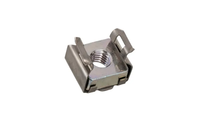 A metal FASTEKS KLIPKO earthing cage nut on white background