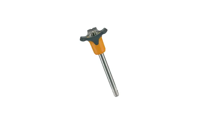 An orange colored Halder ball-lock pin on white background
