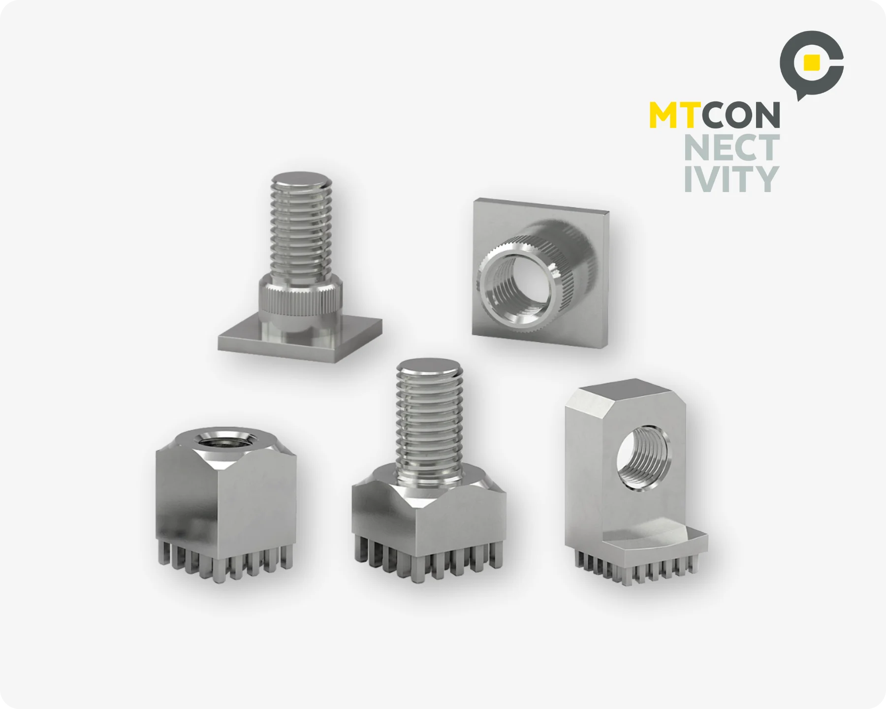 Five different MTCon power elements, including a power tower, power socket and a power edge, for distributing high currents to printed circuit boards.