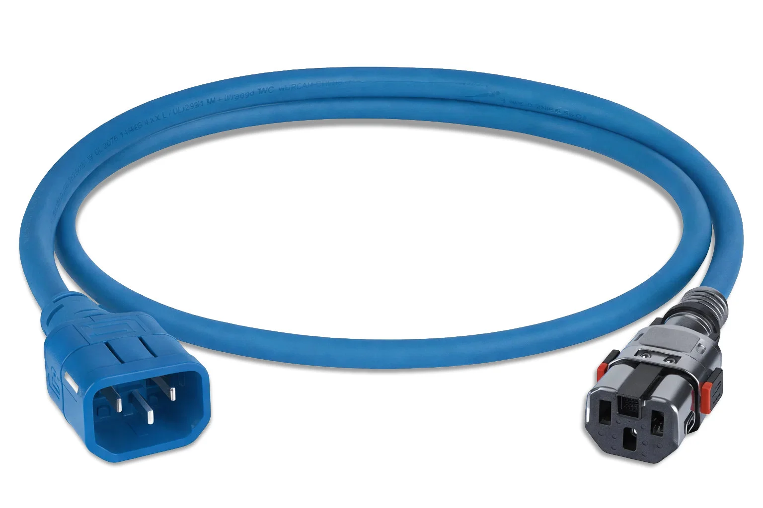 Blue power cable with IEC C13 and C14 connectors on white background
