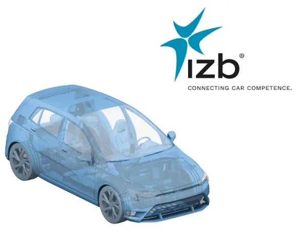 Transparentes Modell eines Autos mit IZB-Messelogo im Hintergrund