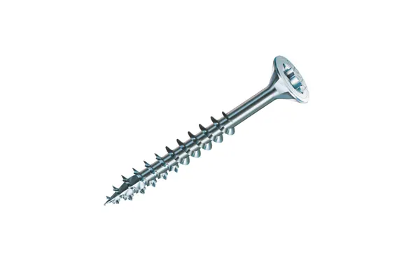 Wkręt SPAX® do konstrukcji drewnianych na białym tle.