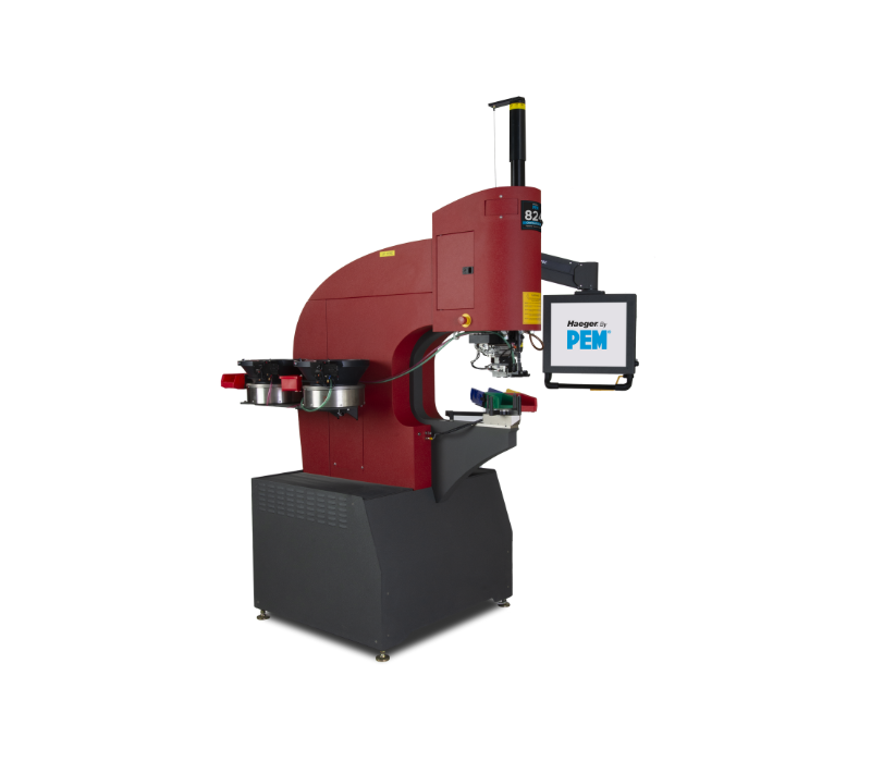 Die Haeger Modell 824 OneTouch5e Lite Einpressmaschine mit schnellerem Werkzeugwechsel und einem zweiten automatischen Zuführsystem für die Installation von einpressbefestiger.