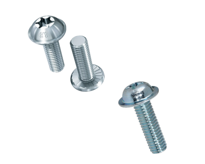 Tres tornillos ecosyn plateados sobre fondo blanco, mostrados desde diferentes perspectivas