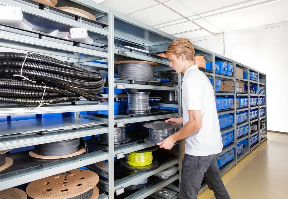 Worker in white shirt retrieving black cable spool from metal shelving unit in organized warehouse.