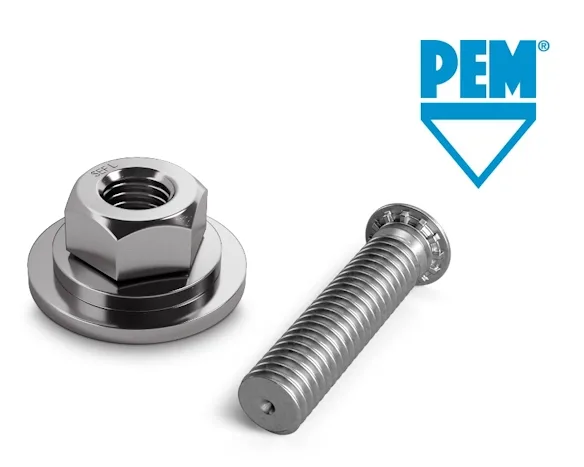 PEM-Mutter und Schraube auf weißem Hintergrund mit Firmenlogo.