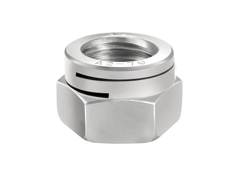 Close-up of a slotted self-locking nut on a white background