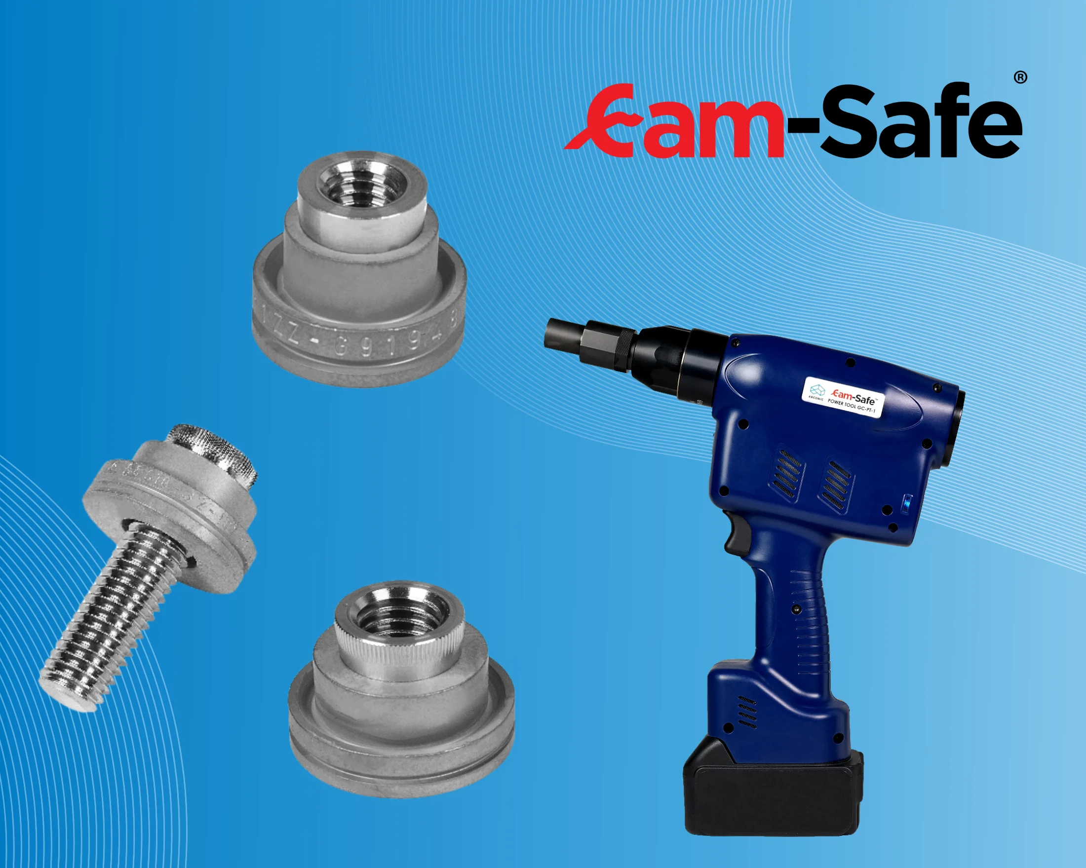 Cam-Safe Akku-Installationswerkzeug mit Erdungsbolzen und Erdungsmuttern auf blauem Hintergrund