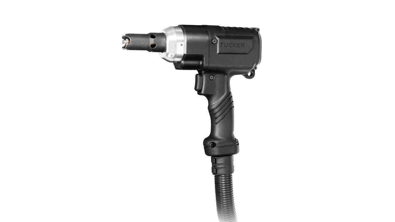 Close-up of a black Tucker stud welding gun for manual drawn arc stud welding on white background