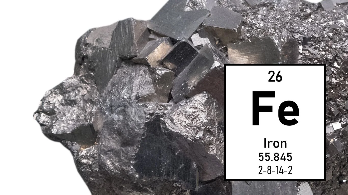 Elemental iron from the periodic table: silvery-grey, shiny metal.