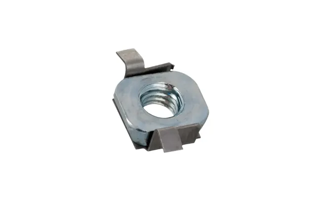 Close-up of a Fasteks Klipko front-mounting cage nut on white background