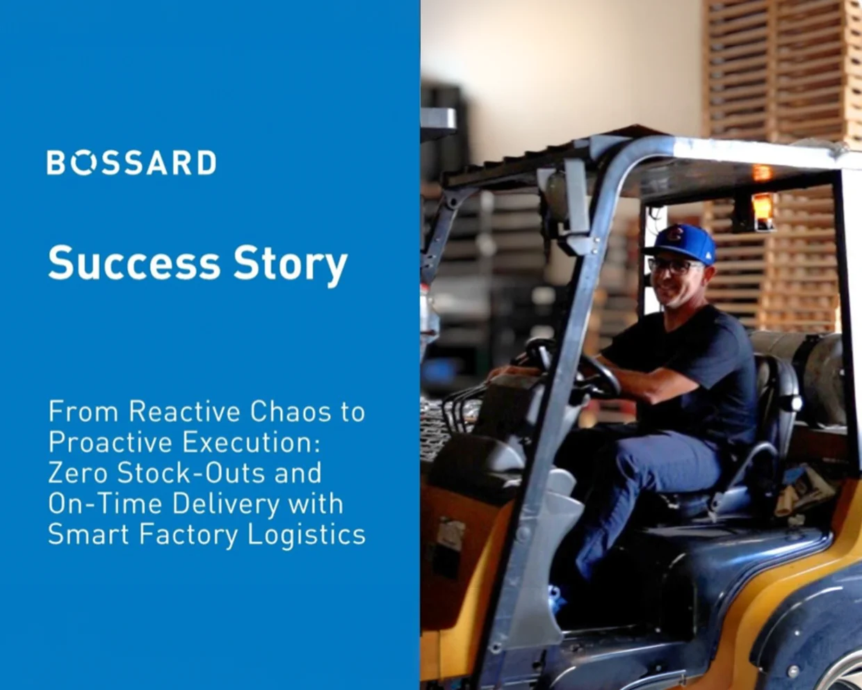 Owner of Equipment Design & Manufacturing + Action Stamping driving forklift on warehouse floor