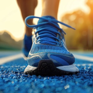 Laufschuh auf blauer Laufbahn mit Sonnenlicht