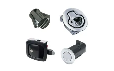 四種不同類型的金屬和塑膠Southco推按式鎖扣在白色背景上