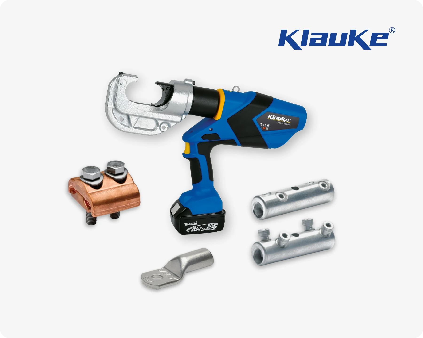 Different Klauke electrical products, such as cable lugs and a crimping tool on a light grey background